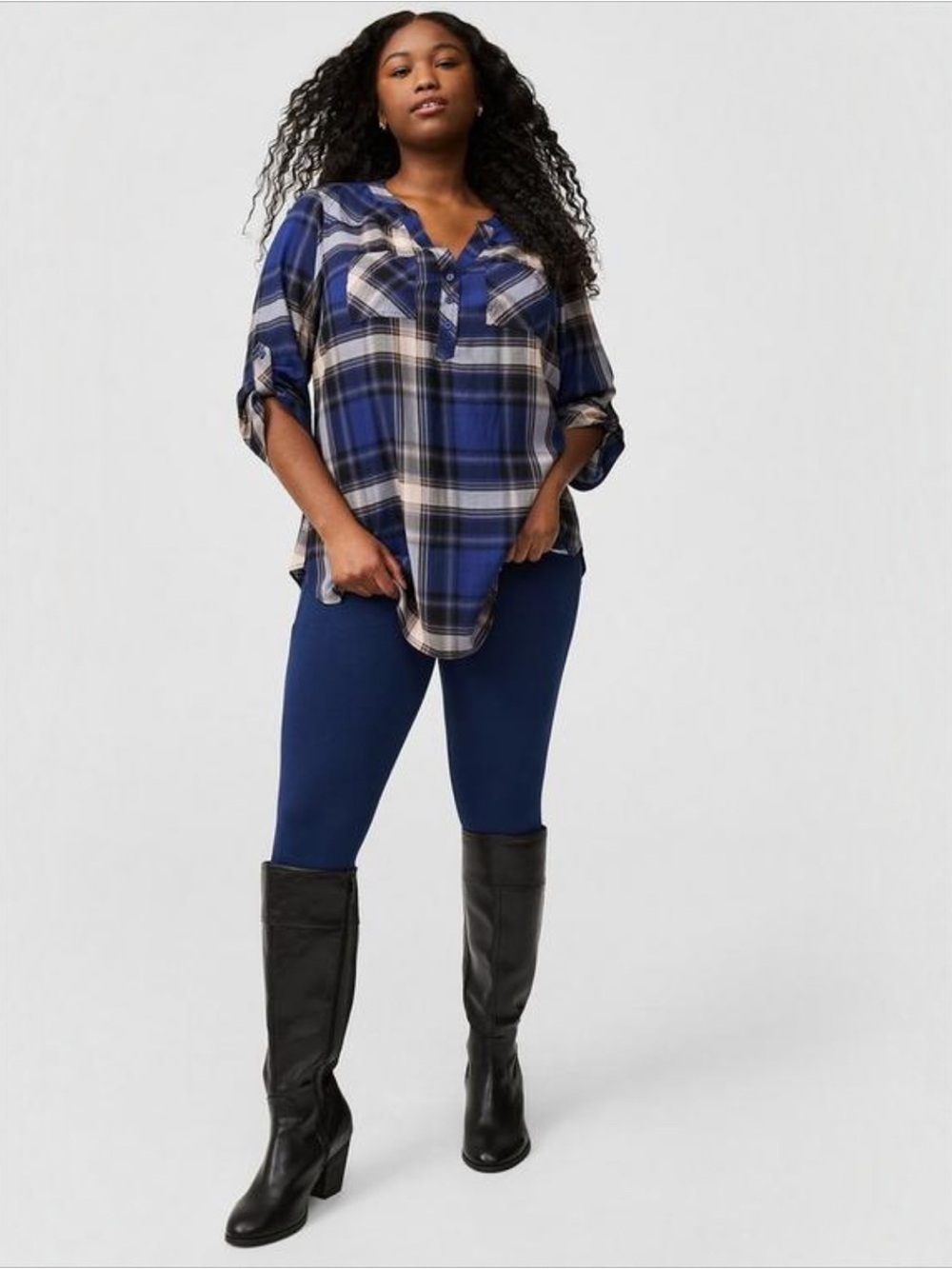 Torrid Harper Kimmie Plaid Tunic Top 2 2X 18 20 Blue 3/4 Sleeve Challis